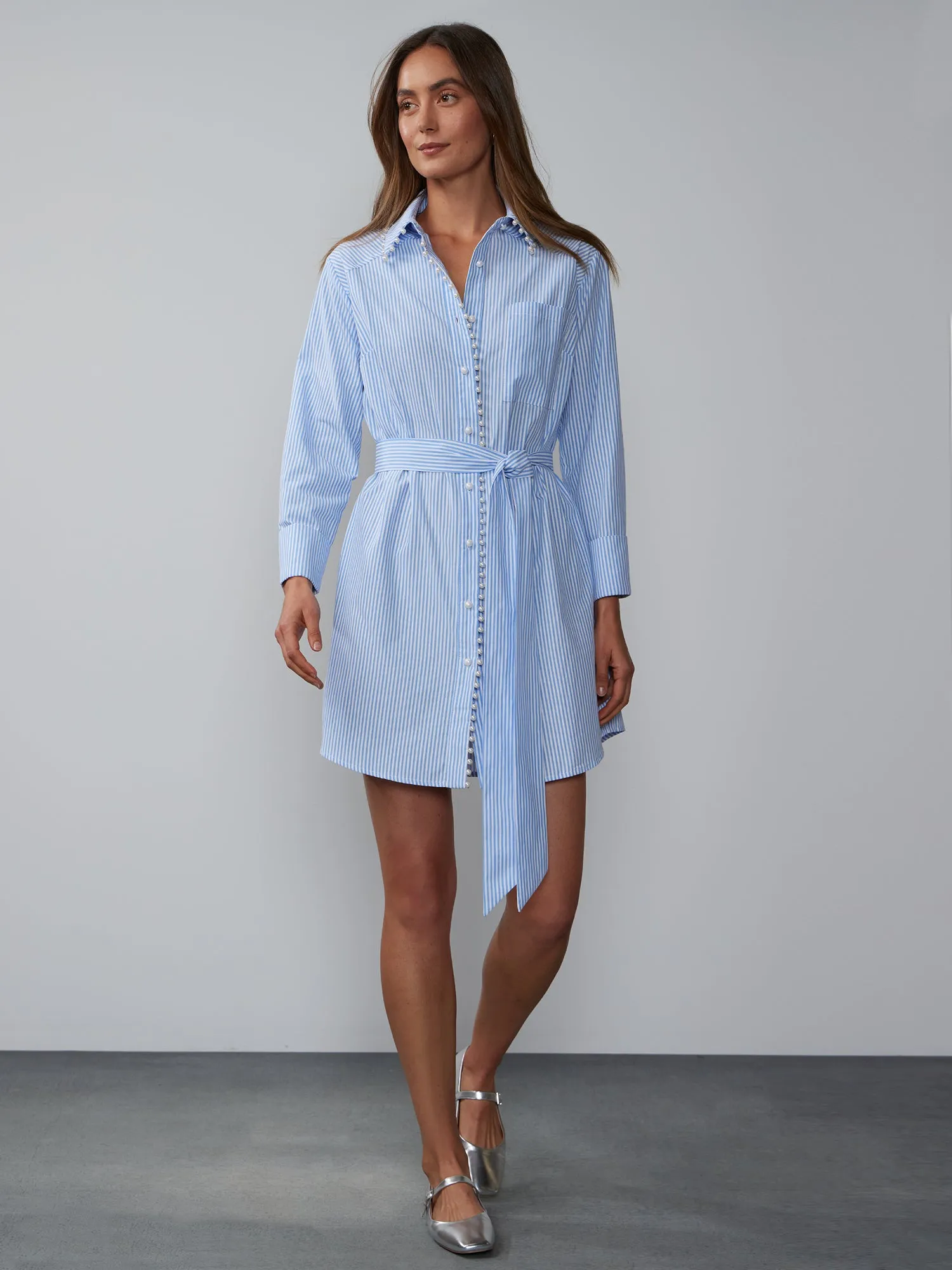 Striped Pearl Trim Poplin Shirt Dress