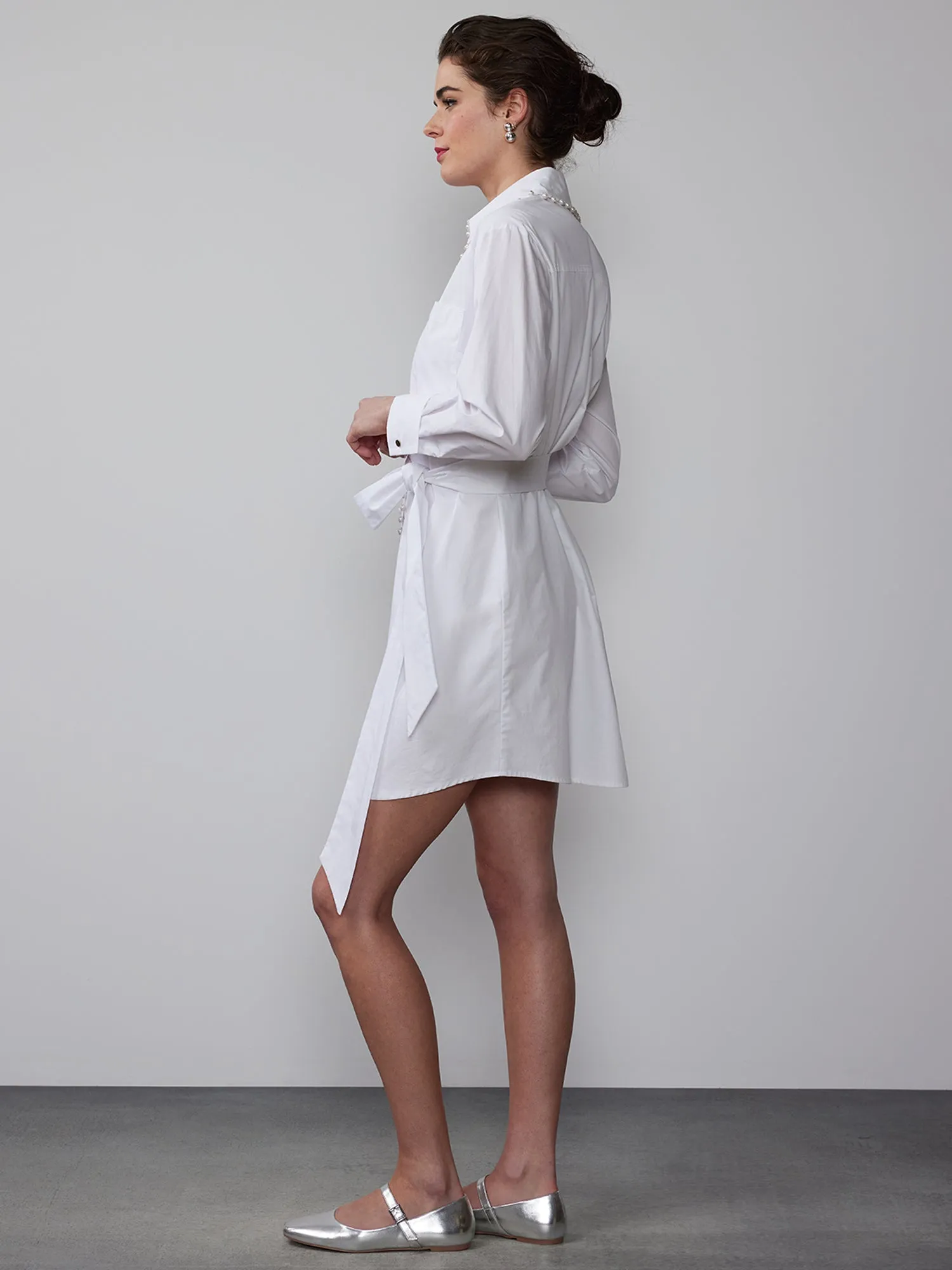 Striped Pearl Trim Poplin Shirt Dress