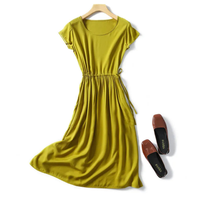Summer Women Cotton Dress Short Sleeve Round-Neck Solid Colored Boho Mid-Length Beach Pocket Dress