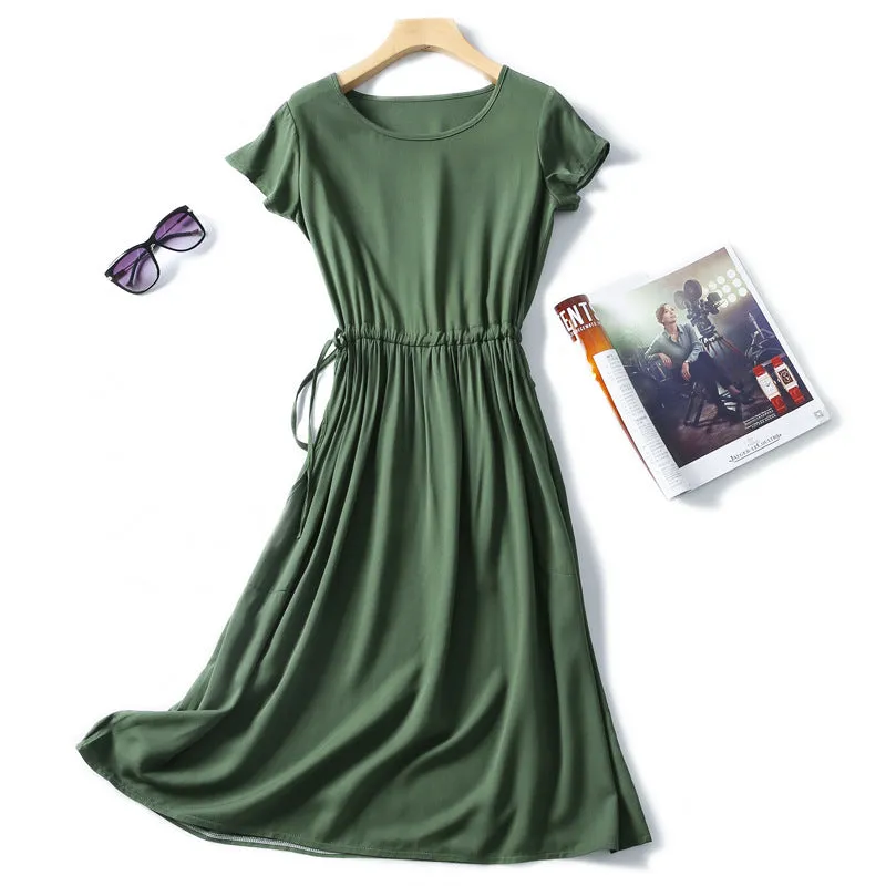 Summer Women Cotton Dress Short Sleeve Round-Neck Solid Colored Boho Mid-Length Beach Pocket Dress