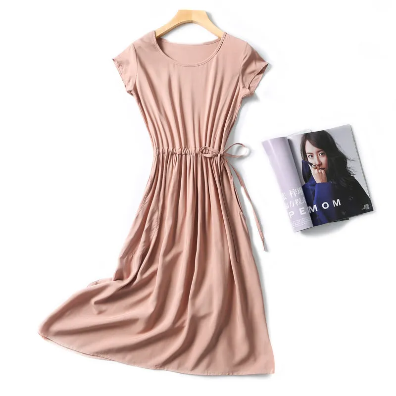 Summer Women Cotton Dress Short Sleeve Round-Neck Solid Colored Boho Mid-Length Beach Pocket Dress