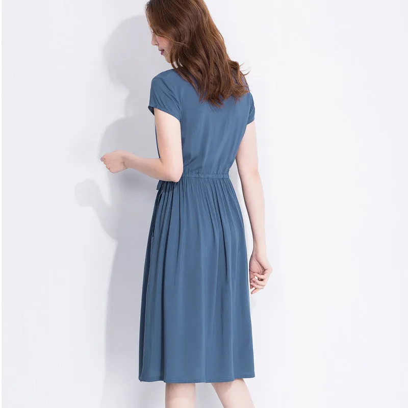 Summer Women Cotton Dress Short Sleeve Round-Neck Solid Colored Boho Mid-Length Beach Pocket Dress