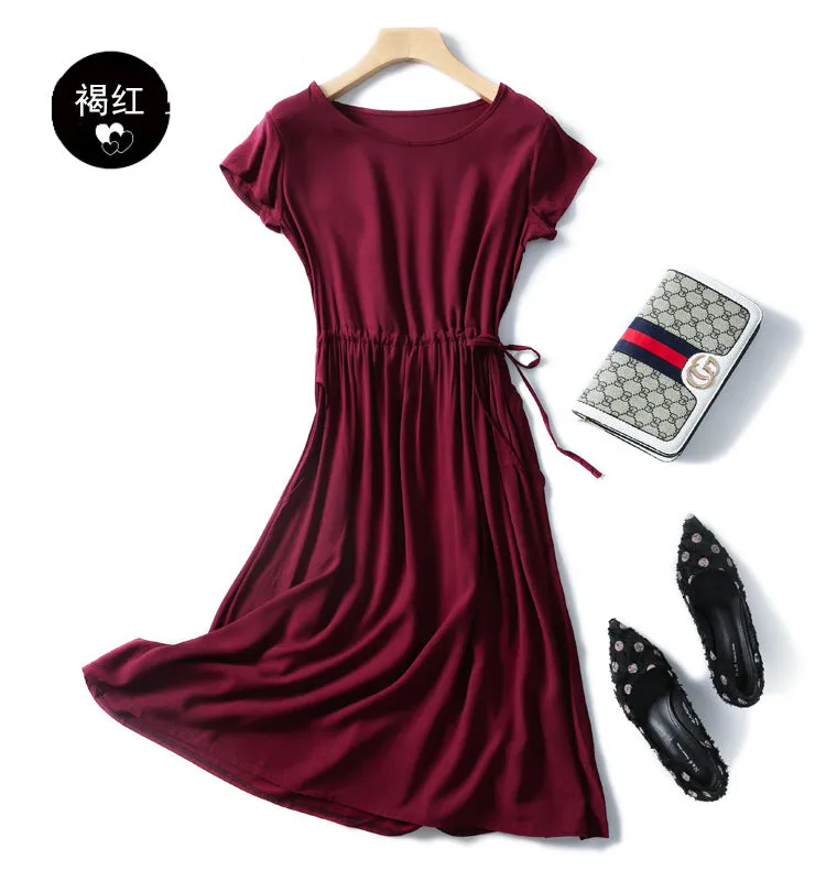 Summer Women Cotton Dress Short Sleeve Round-Neck Solid Colored Boho Mid-Length Beach Pocket Dress