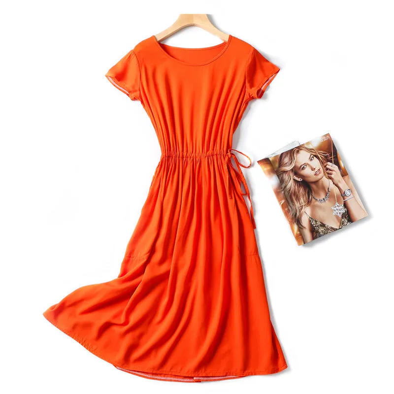 Summer Women Cotton Dress Short Sleeve Round-Neck Solid Colored Boho Mid-Length Beach Pocket Dress