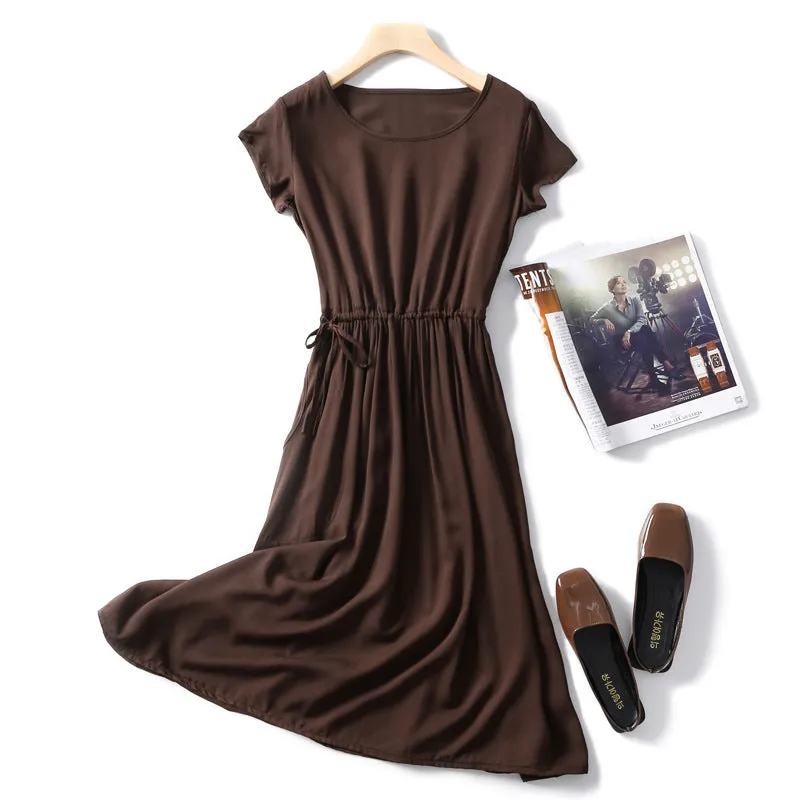Summer Women Cotton Dress Short Sleeve Round-Neck Solid Colored Boho Mid-Length Beach Pocket Dress