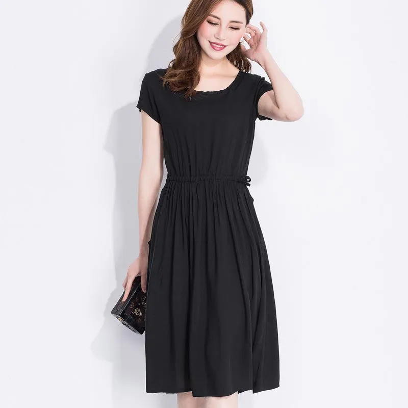 Summer Women Cotton Dress Short Sleeve Round-Neck Solid Colored Boho Mid-Length Beach Pocket Dress