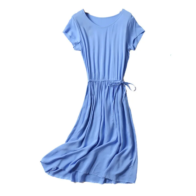 Summer Women Cotton Dress Short Sleeve Round-Neck Solid Colored Boho Mid-Length Beach Pocket Dress