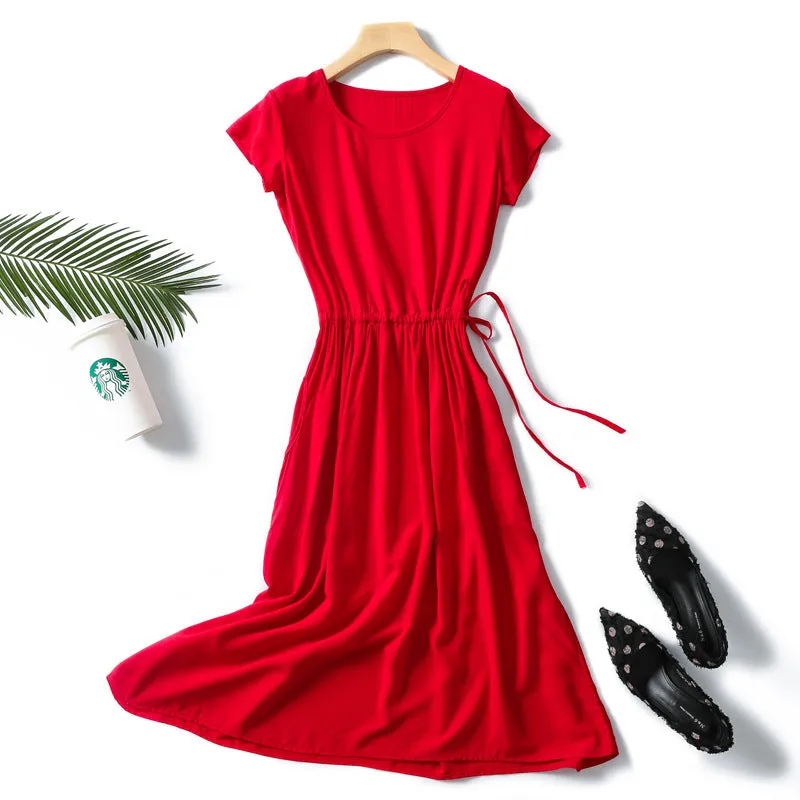Summer Women Cotton Dress Short Sleeve Round-Neck Solid Colored Boho Mid-Length Beach Pocket Dress