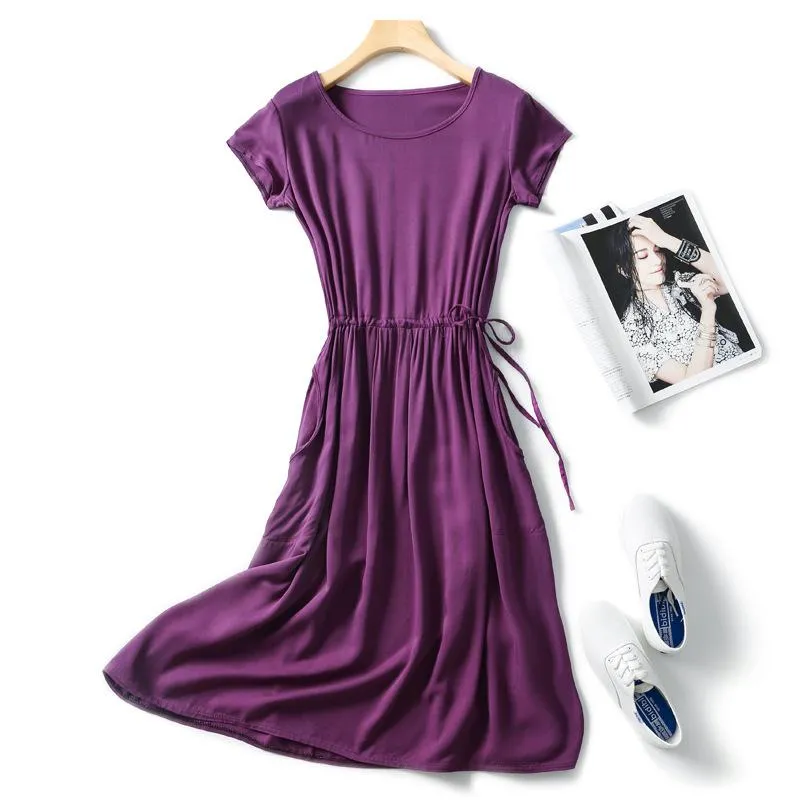 Summer Women Cotton Dress Short Sleeve Round-Neck Solid Colored Boho Mid-Length Beach Pocket Dress