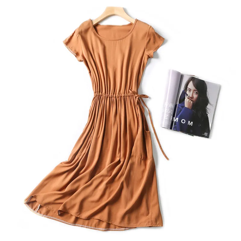 Summer Women Cotton Dress Short Sleeve Round-Neck Solid Colored Boho Mid-Length Beach Pocket Dress