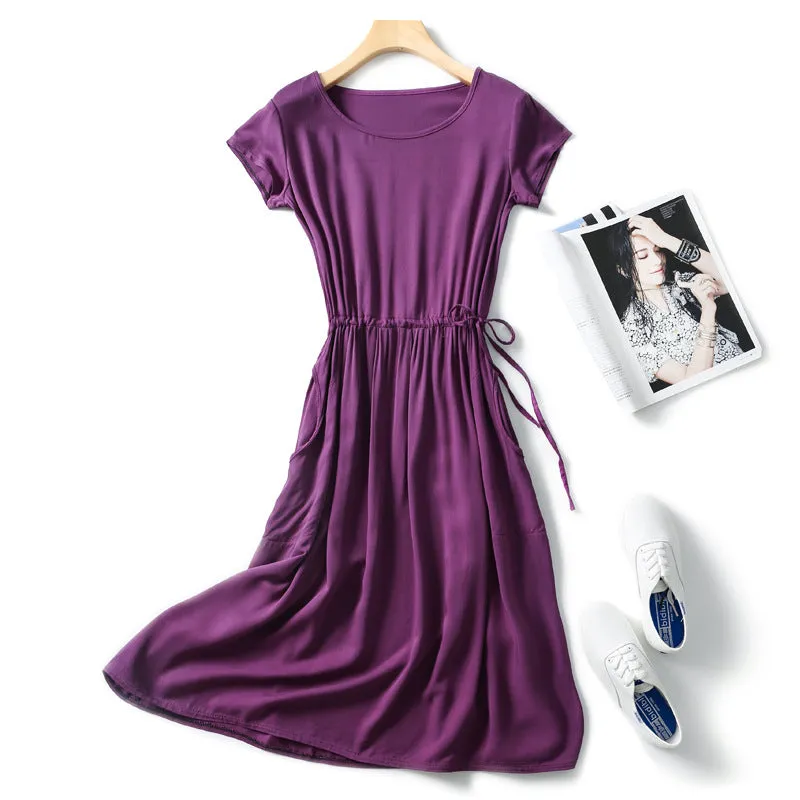 Summer Women Cotton Dress Short Sleeve Round-Neck Solid Colored Boho Mid-Length Beach Pocket Dress