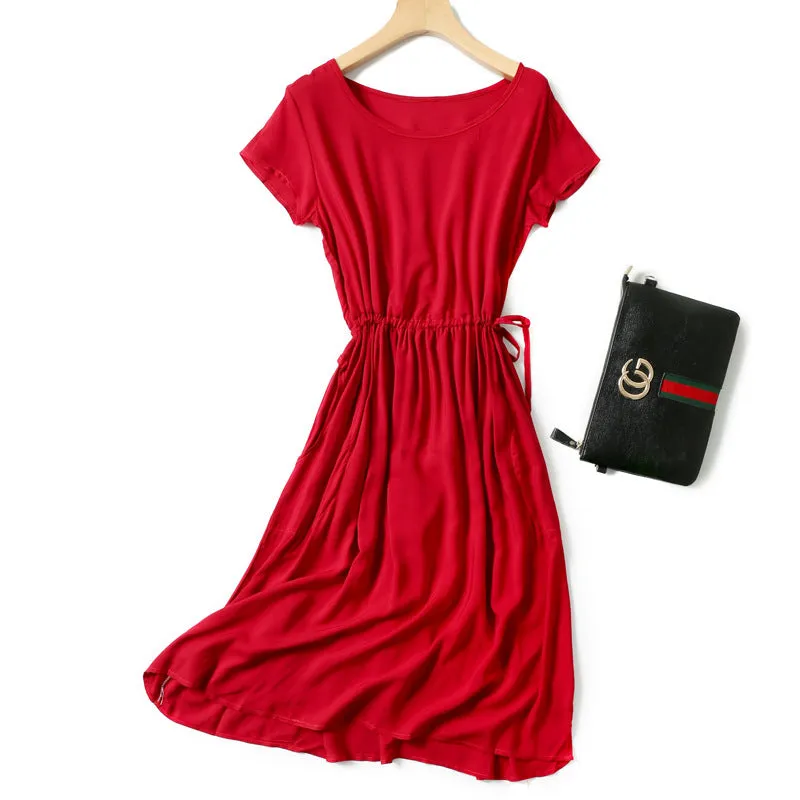 Summer Women Cotton Dress Short Sleeve Round-Neck Solid Colored Boho Mid-Length Beach Pocket Dress