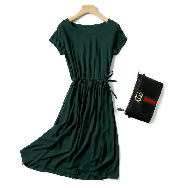 Summer Women Cotton Dress Short Sleeve Round-Neck Solid Colored Boho Mid-Length Beach Pocket Dress