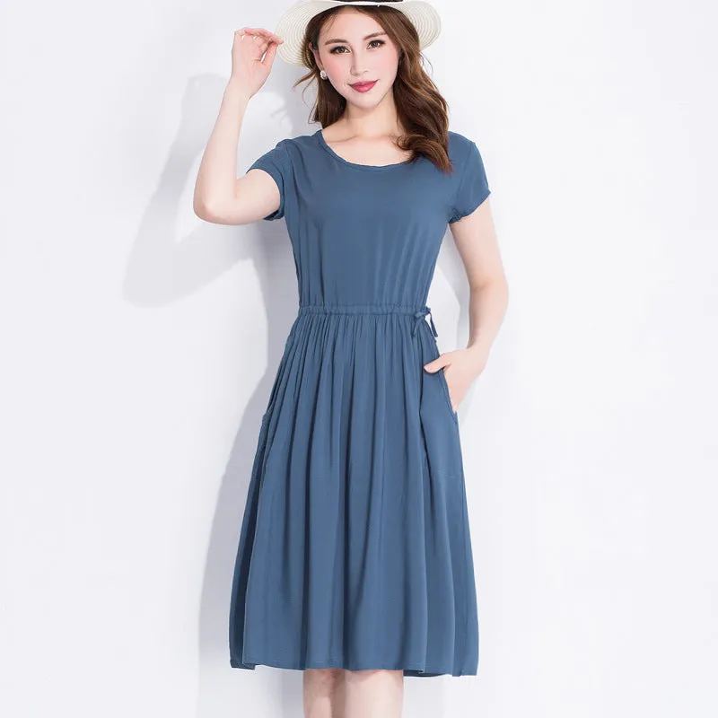 Summer Women Cotton Dress Short Sleeve Round-Neck Solid Colored Boho Mid-Length Beach Pocket Dress