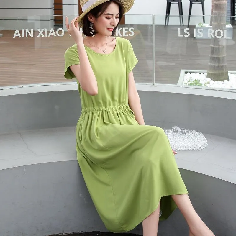 Summer Women Cotton Dress Short Sleeve Round-Neck Solid Colored Boho Mid-Length Beach Pocket Dress