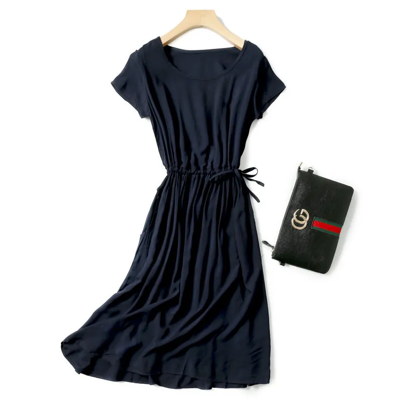Summer Women Cotton Dress Short Sleeve Round-Neck Solid Colored Boho Mid-Length Beach Pocket Dress