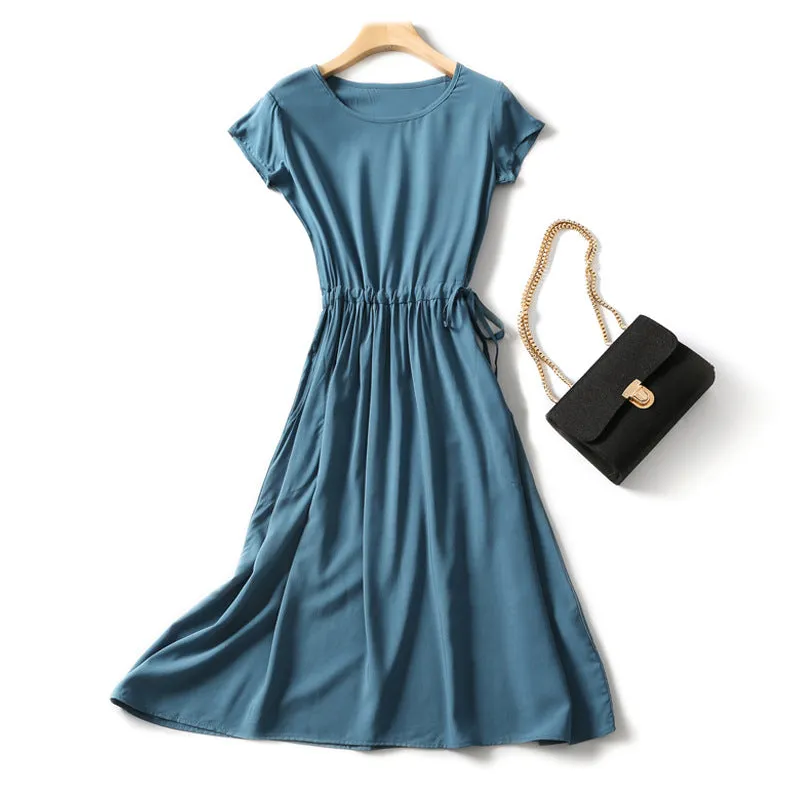 Summer Women Cotton Dress Short Sleeve Round-Neck Solid Colored Boho Mid-Length Beach Pocket Dress