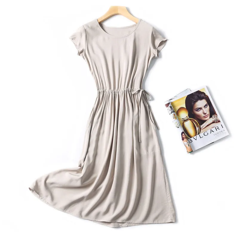 Summer Women Cotton Dress Short Sleeve Round-Neck Solid Colored Boho Mid-Length Beach Pocket Dress