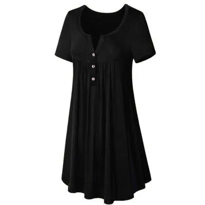 Summer Women Popular Pocket Button Fold Short Sleeve Loose Dress Pocket Dress