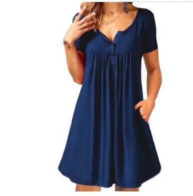 Summer Women Popular Pocket Button Fold Short Sleeve Loose Dress Pocket Dress