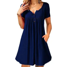 Summer Women Popular Pocket Button Fold Short Sleeve Loose Dress Pocket Dress