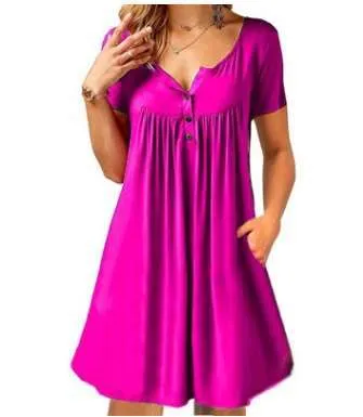 Summer Women Popular Pocket Button Fold Short Sleeve Loose Dress Pocket Dress