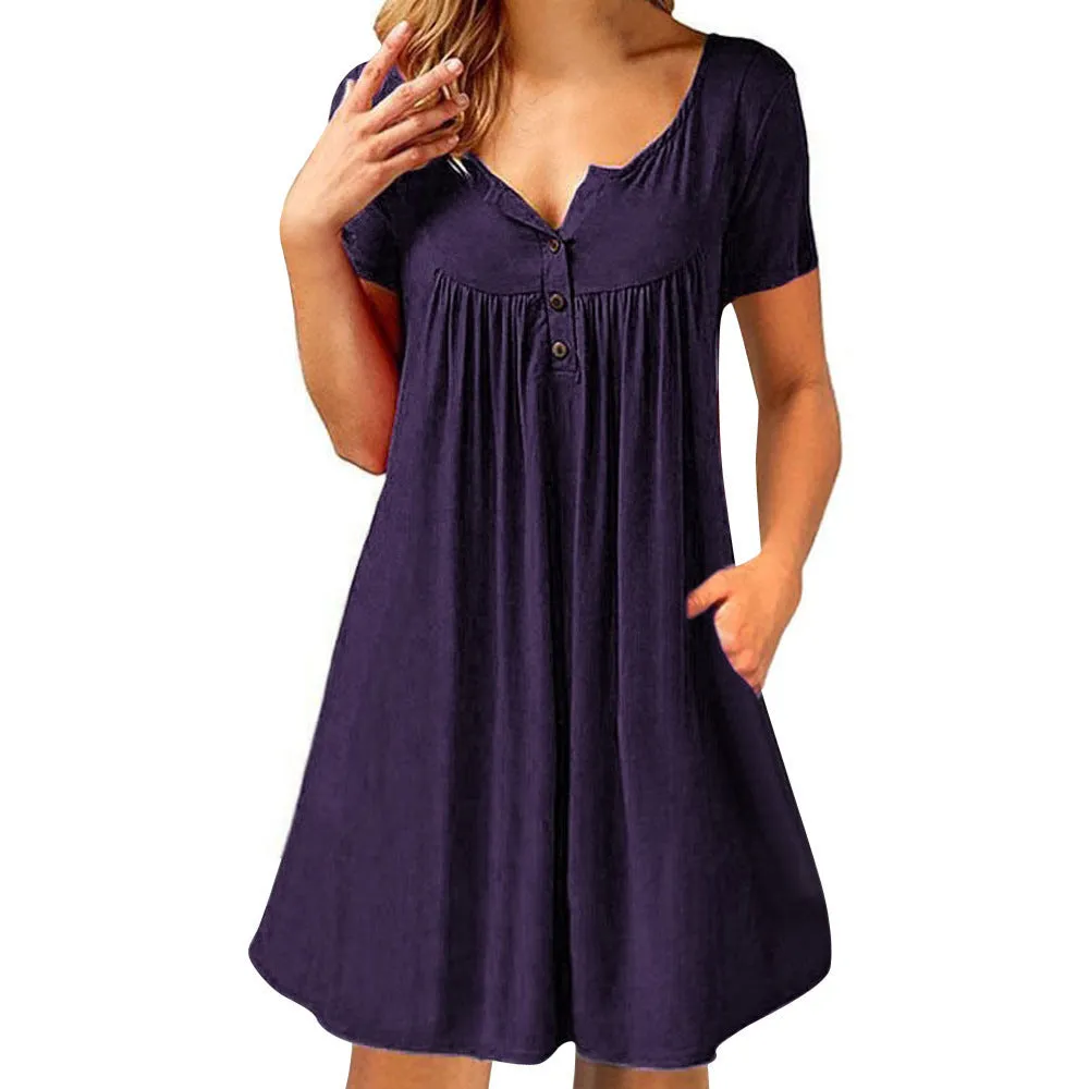 Summer Women Popular Pocket Button Fold Short Sleeve Loose Dress Pocket Dress