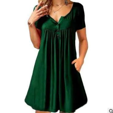 Summer Women Popular Pocket Button Fold Short Sleeve Loose Dress Pocket Dress