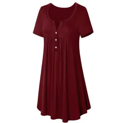 Summer Women Popular Pocket Button Fold Short Sleeve Loose Dress Pocket Dress