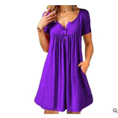 Summer Women Popular Pocket Button Fold Short Sleeve Loose Dress Pocket Dress