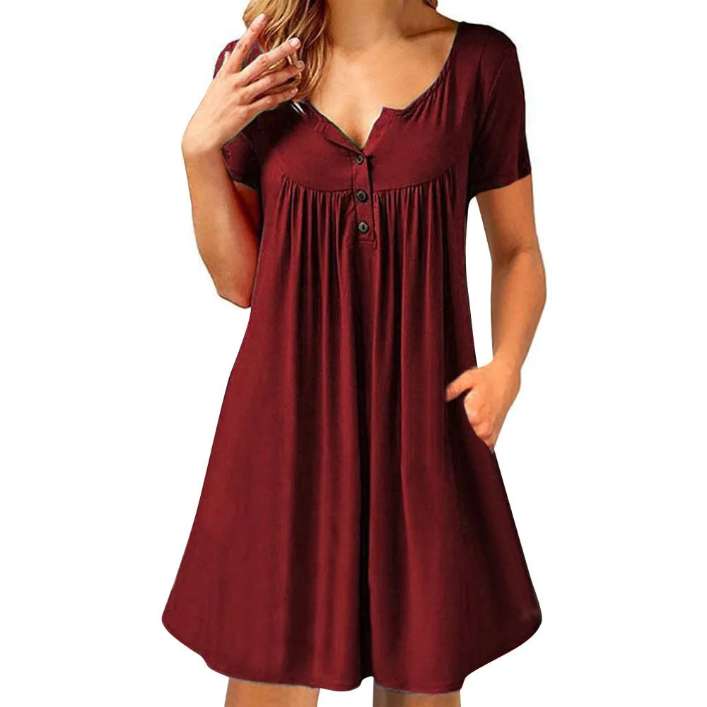 Summer Women Popular Pocket Button Fold Short Sleeve Loose Dress Pocket Dress