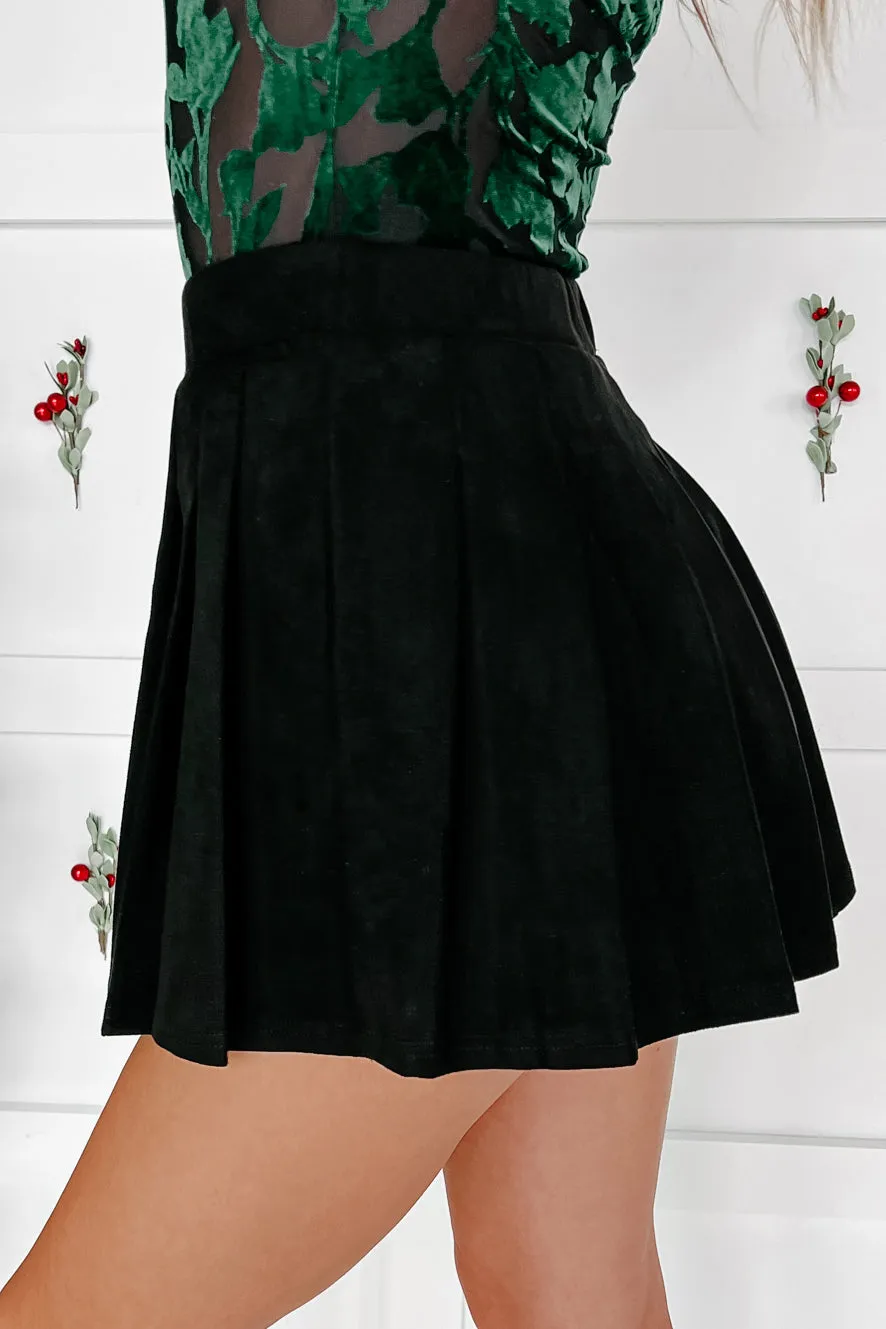 Swept Away Faux Suede Pleated Mini Skirt (Black)