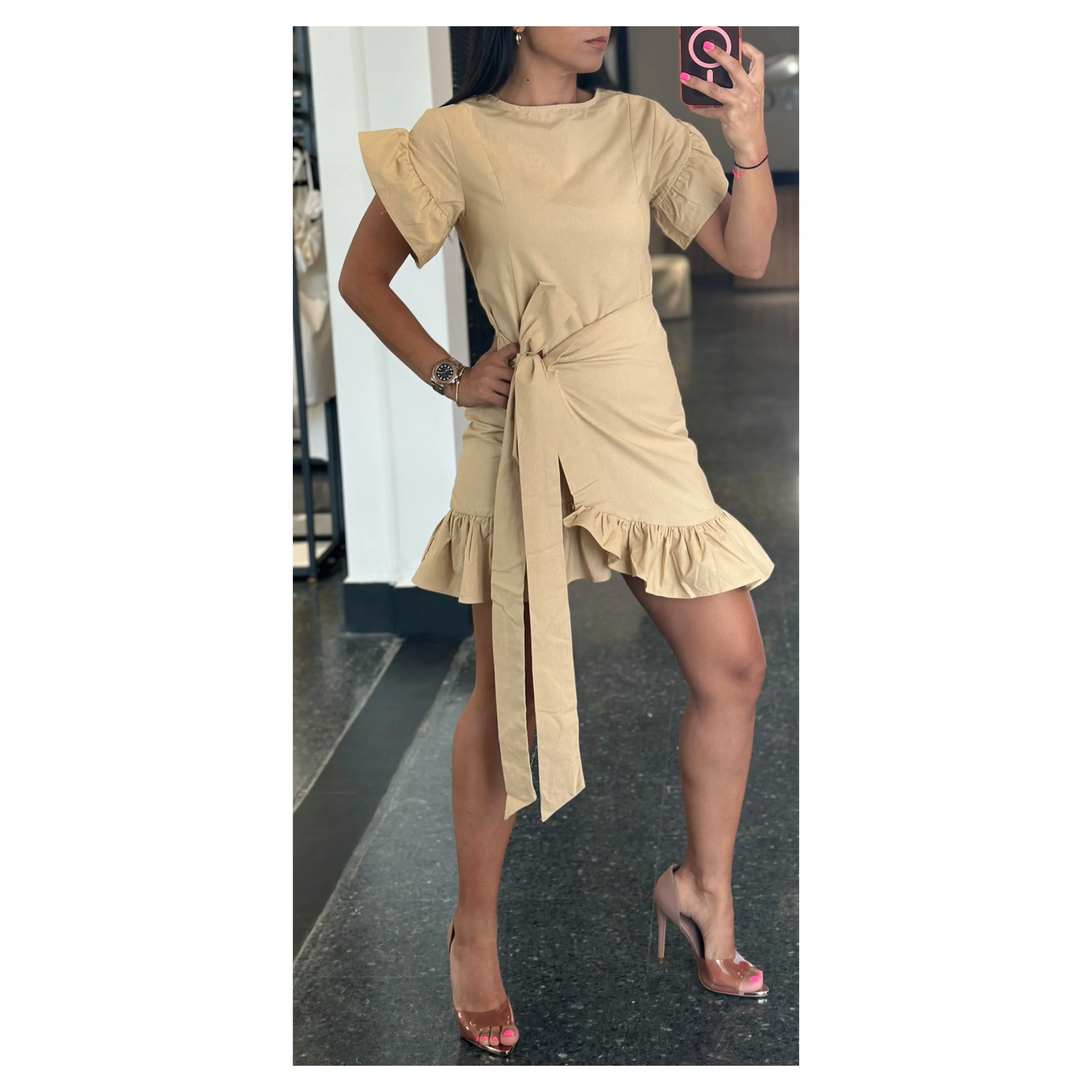TAUPE WAIST WRAP MINI DRESS