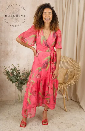 THE HARMONY FLUTTER SLEEVE MAXI WRAP DRESS (PINK FLORAL)