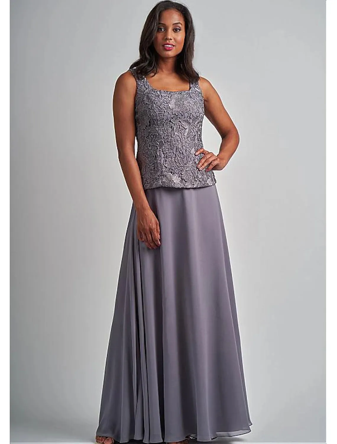 Two Piece A-Line Mother of the Bride Dress Elegant Square Neck Floor Length Chiffon Lace 3/4 Length Sleeve Wrap Included with Appliques
