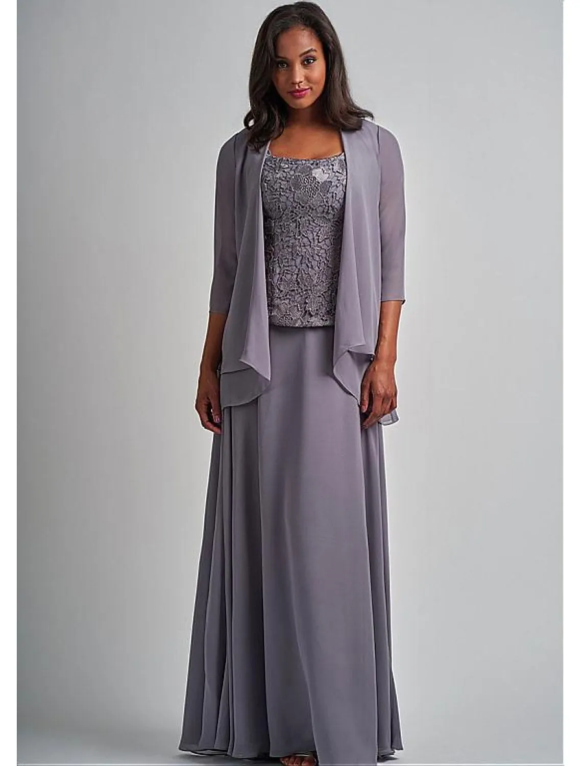 Two Piece A-Line Mother of the Bride Dress Elegant Square Neck Floor Length Chiffon Lace 3/4 Length Sleeve Wrap Included with Appliques