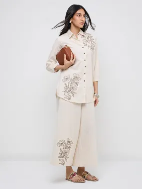 Utsa Off-White Embroidered A-Line Cotton-Blend Tunic