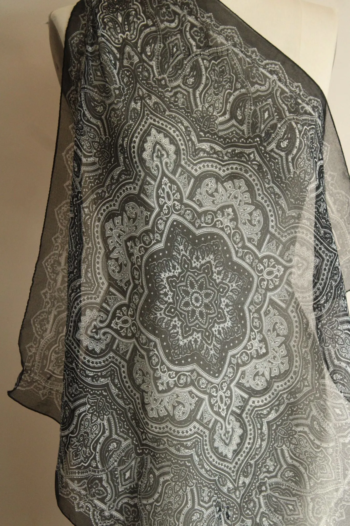 Vintage 1990s JC Penneys Black Chiffon Paisley Scarf