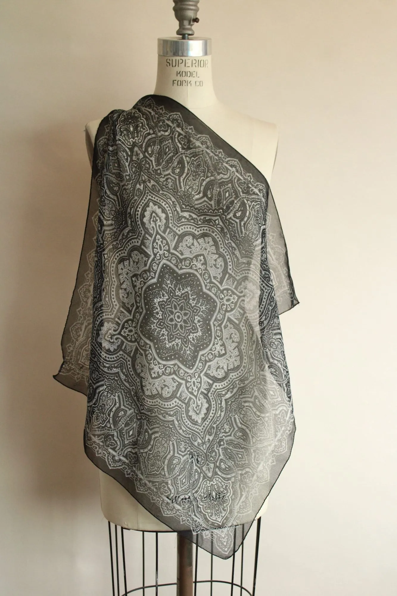 Vintage 1990s JC Penneys Black Chiffon Paisley Scarf