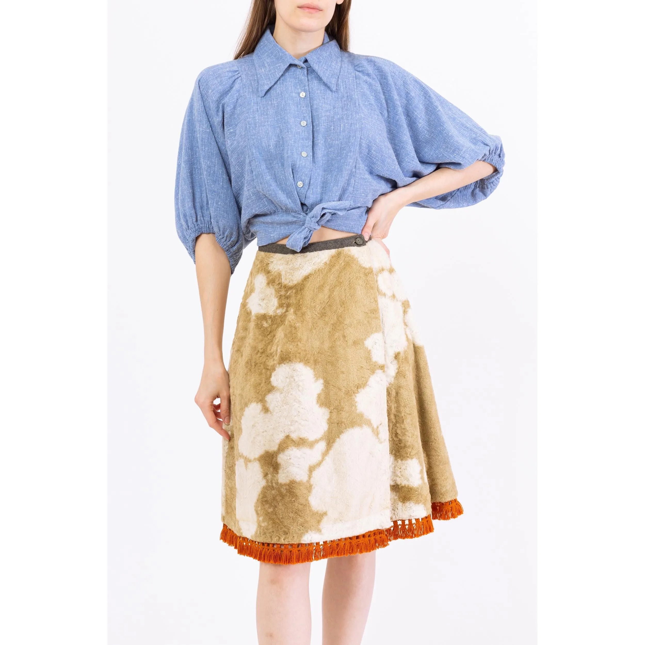 Vintage 70s Western Cow Print Faux Fur Wrap Skirt - Small, 26.5" Waist