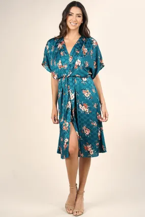 Watercolor Floral Print Satin Midi Dress