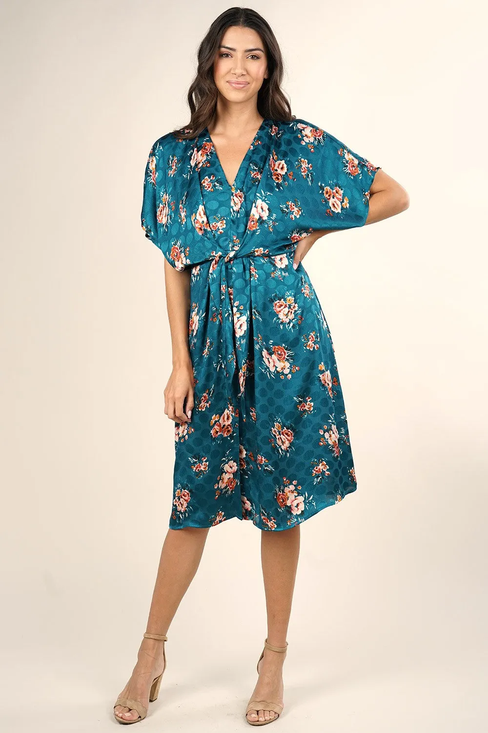 Watercolor Floral Print Satin Midi Dress