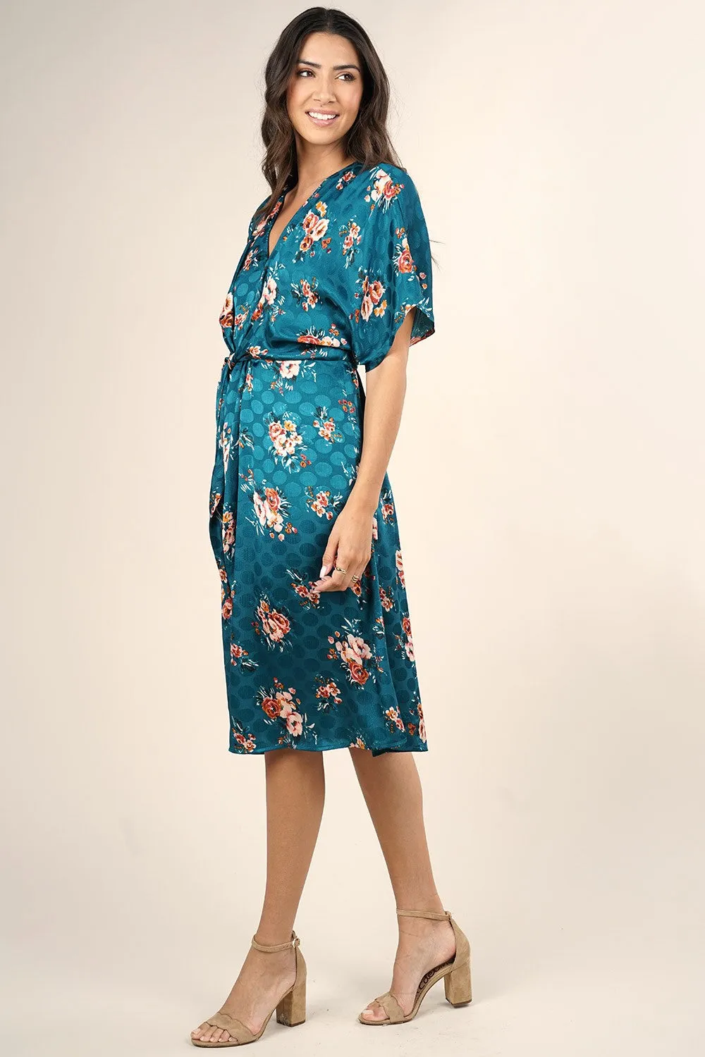 Watercolor Floral Print Satin Midi Dress
