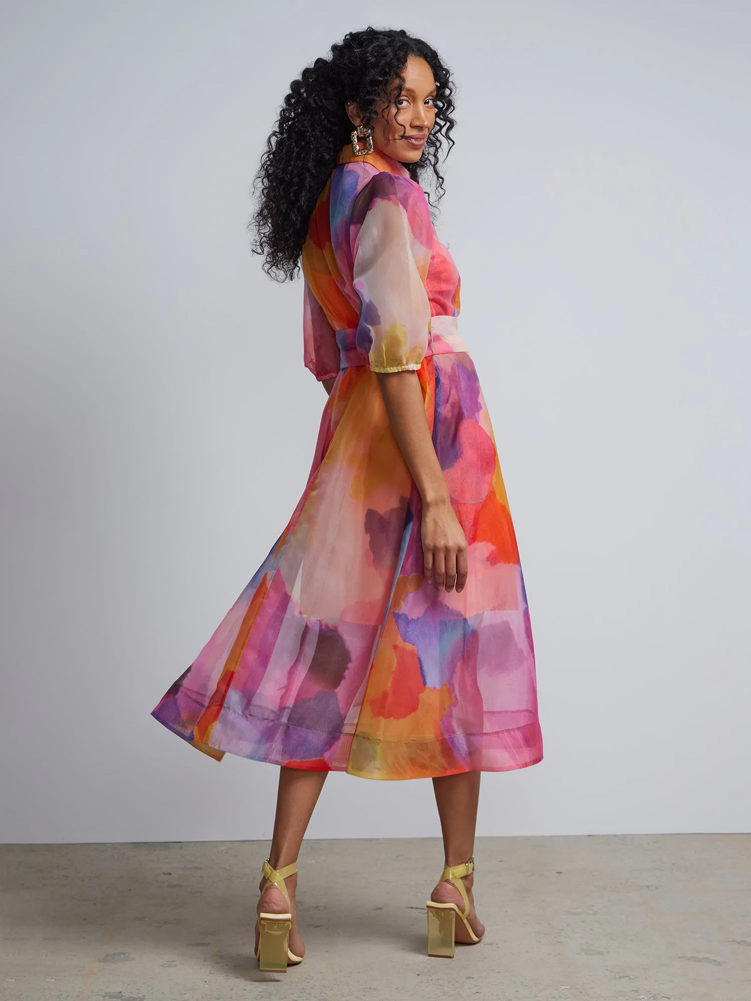 Watercolor-Print Organza Maxi Shirt Dress