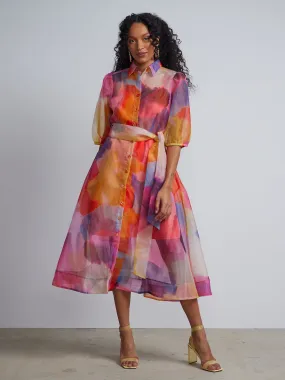 Watercolor-Print Organza Maxi Shirt Dress