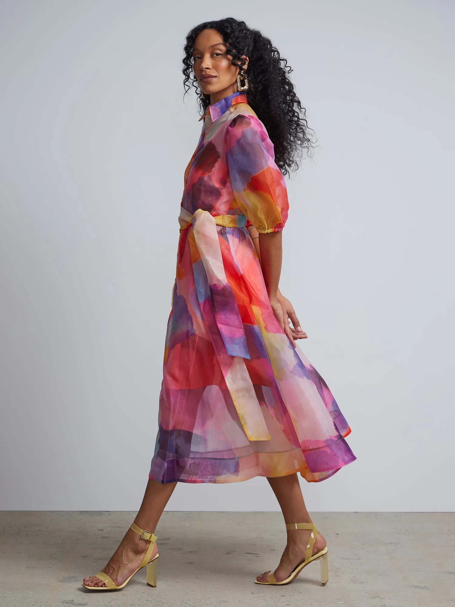 Watercolor-Print Organza Maxi Shirt Dress