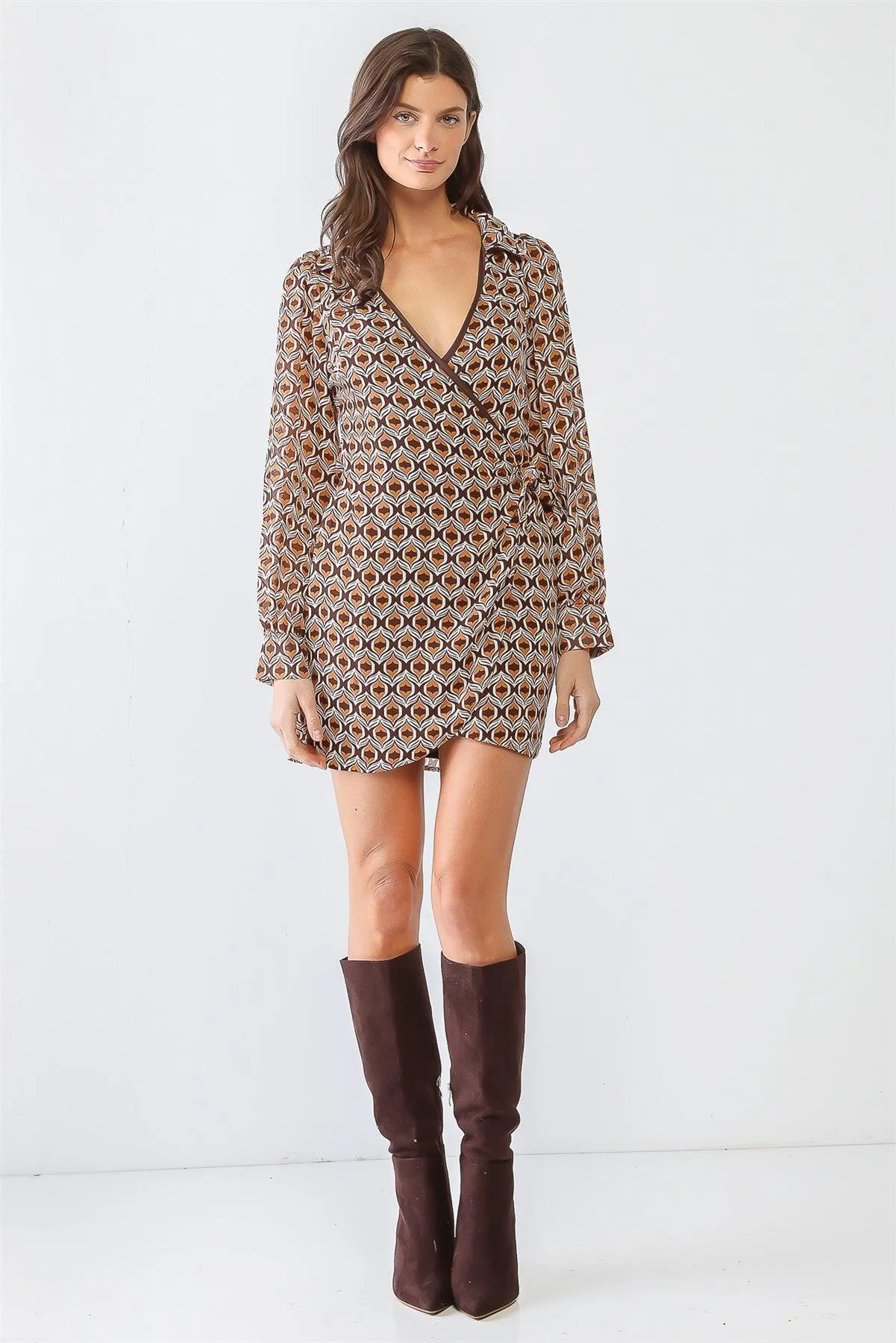 White & Brown Printed Wrap Self-Tie Long Sleeve Mini Dress /3-2-1