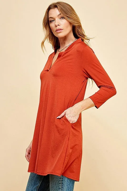Woman Solid 3/4 Sleeve Mock V-Neck Tunic Dress - Full