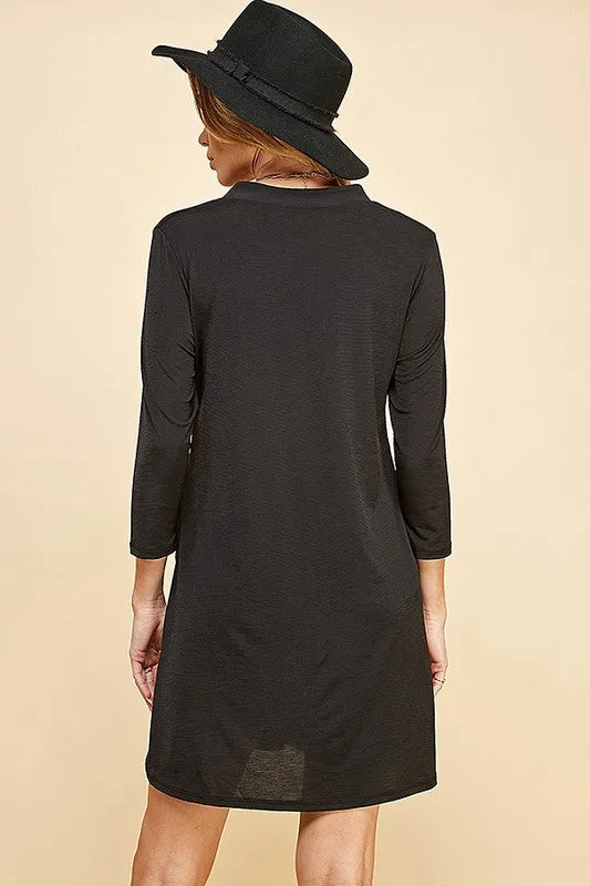 Woman Solid 3/4 Sleeve Mock V-Neck Tunic Dress - Full