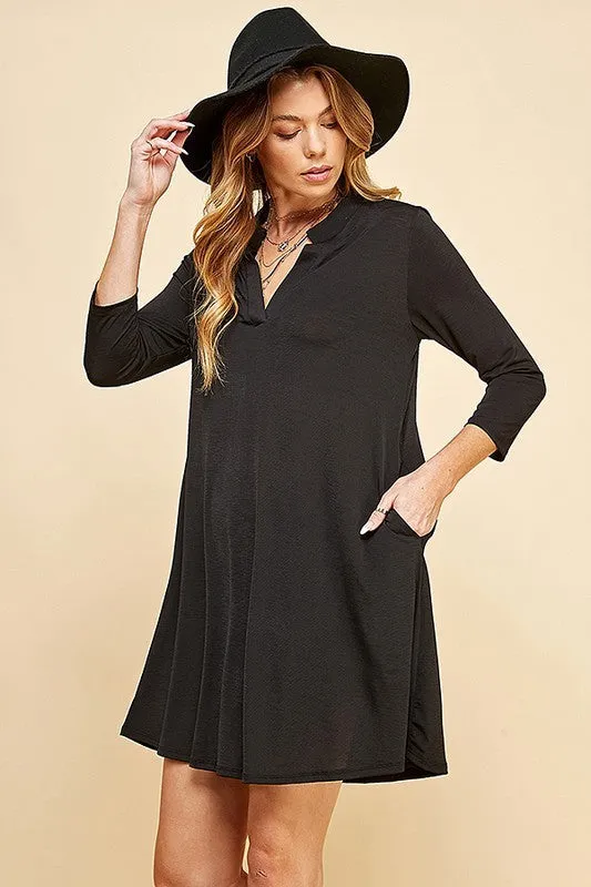 Woman Solid 3/4 Sleeve Mock V-Neck Tunic Dress - Full